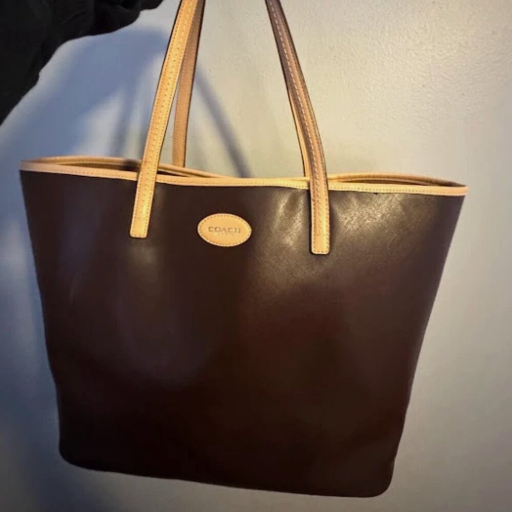Coach Metro Large Tote Brown and Tan Saffiano Leather Purse Bag #F24341
